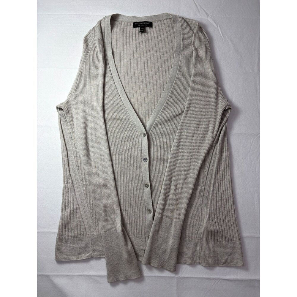 Banana Republic Silk Cashmere Ribbed Cardigan Sweater Heather Grey Large Petite